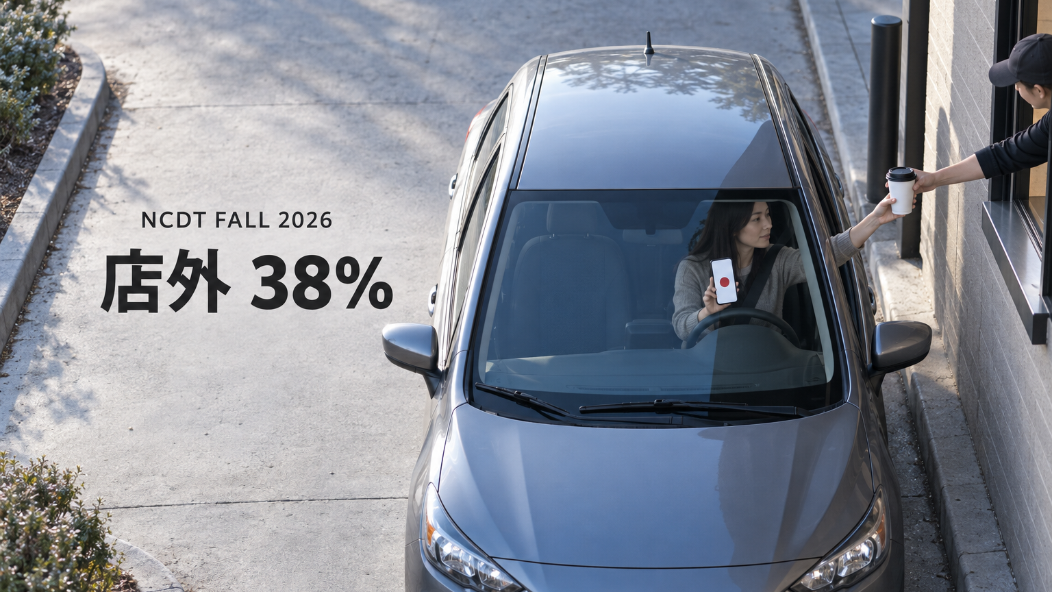 ドライブスルーの受け取り窓で、車内の人がスマートフォンを示しながらカップを受け取る。「NCDT FALL 2026」「店外 38%」の文字。