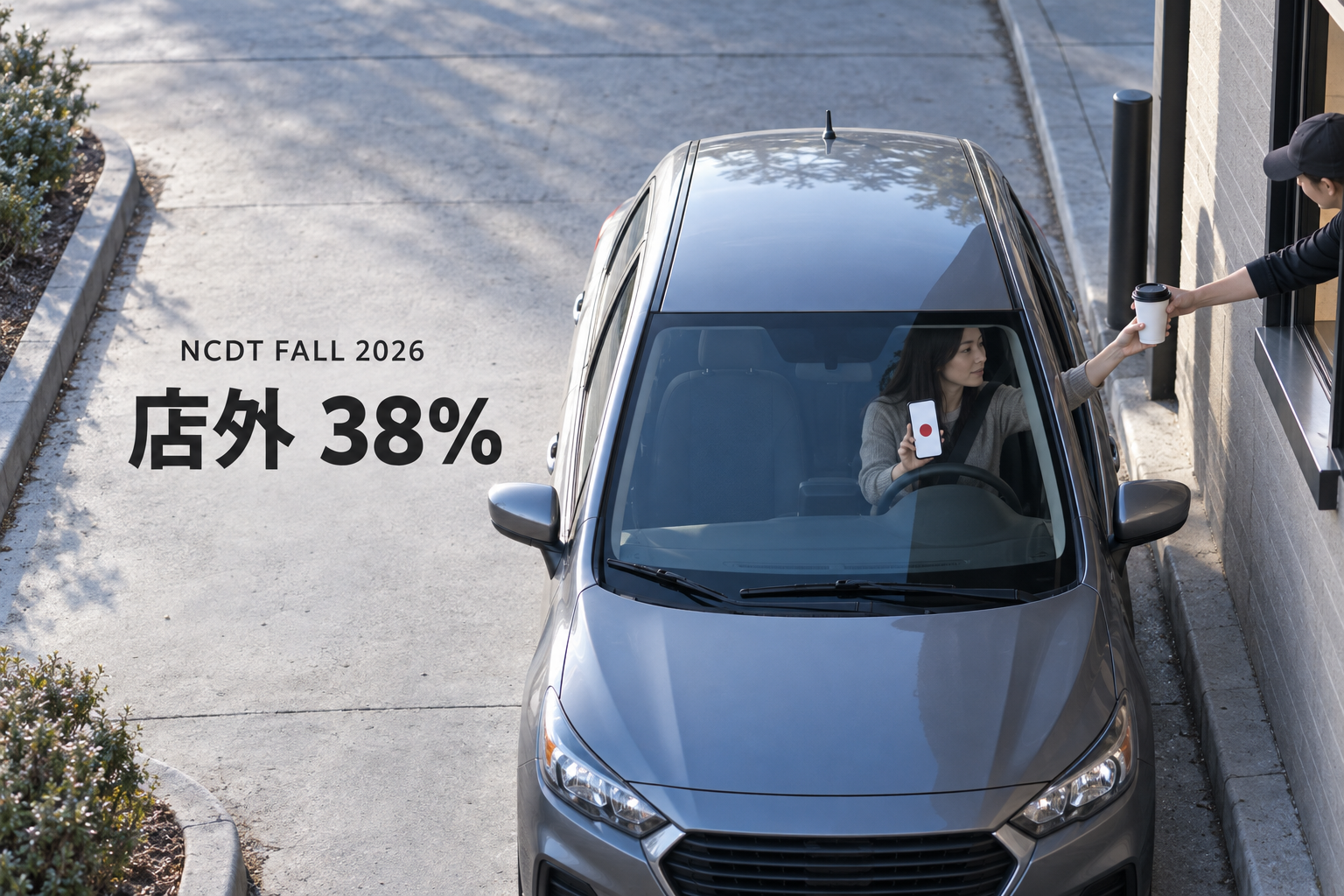 ドライブスルーの受け取り窓で、車内の人がスマートフォンを示しながらカップを受け取る。「NCDT FALL 2026」「店外 38%」の文字。