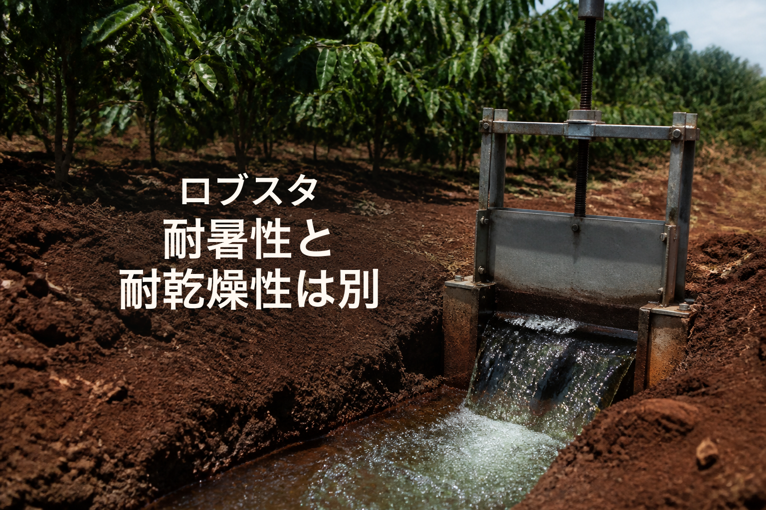 強い日差しのロブスタ畑で灌漑ゲートから赭土の水路へ水が流れ、「ロブスタ」「耐暑性と 耐乾燥性は別」と配した生成編集ビジュアル。