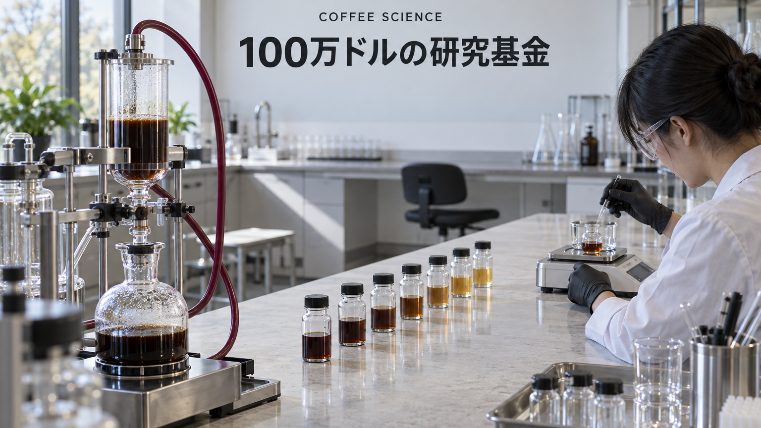 匿名の大学院研究者が、透明なコーヒー抽出装置から並ぶ試料を精密機器で分析する研究室。「COFFEE SCIENCE」「100万ドルの研究基金」の文字。
