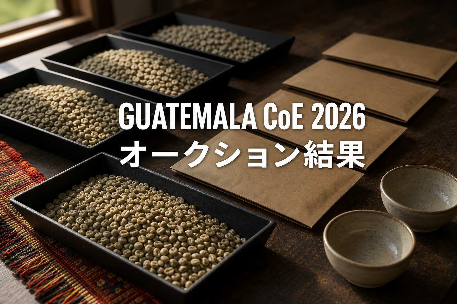 コーヒーの生豆サンプルと計量スプーンを配し、「GUATEMALA CoE 2026」「オークション結果」と記した編集用ビジュアル。