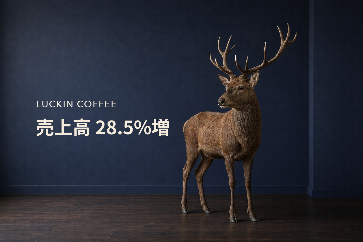 濃紺の室内に立つ茶色い鹿と、「LUCKIN COFFEE」「売上高 28.5%増」を配した編集用ビジュアル。