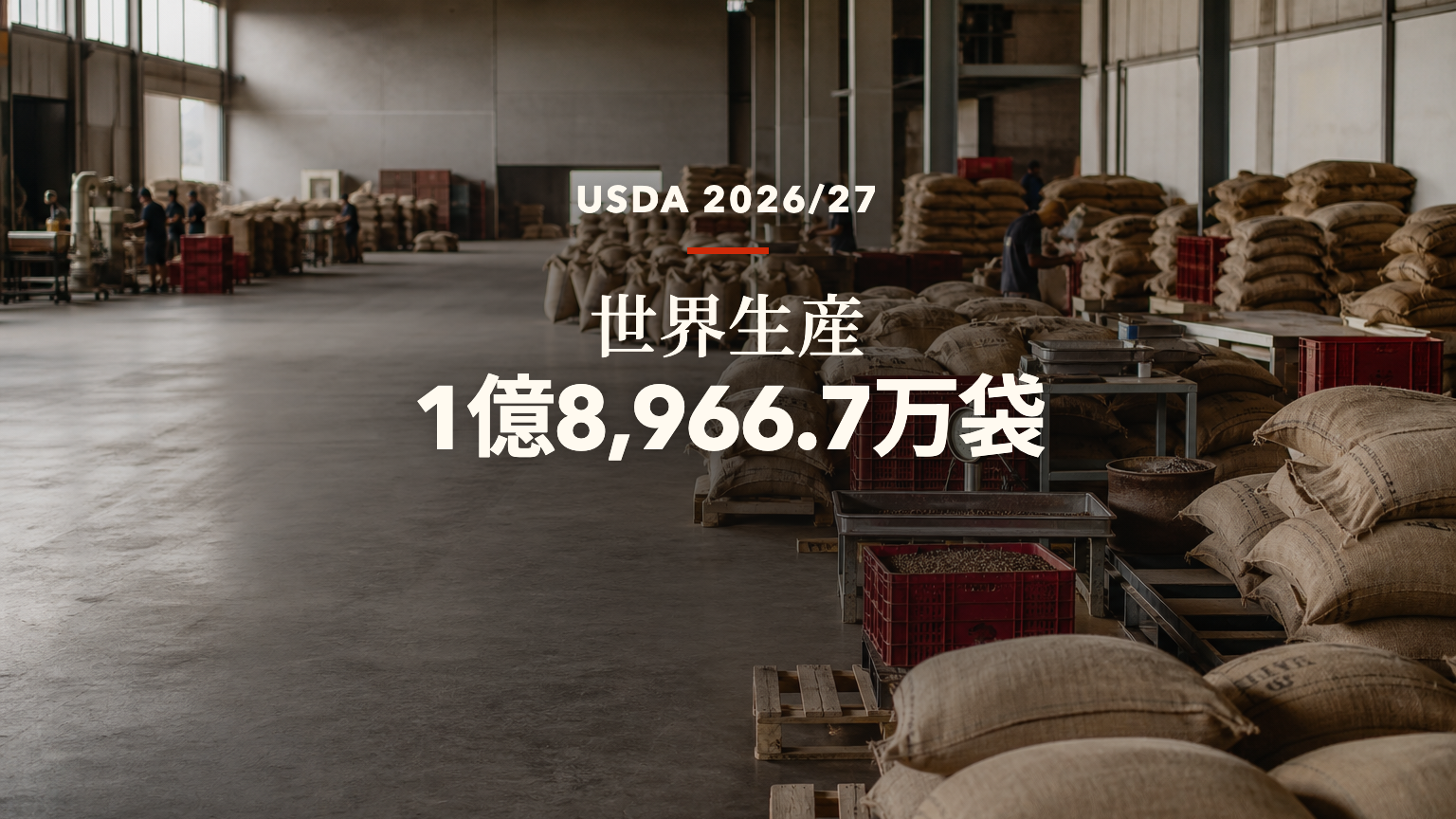 「USDA 2026/27」「世界生産」「1億8,966.7万袋」の文字を中央に配し、世界のコーヒー供給規模を示すテキスト主体の編集用ビジュアル。