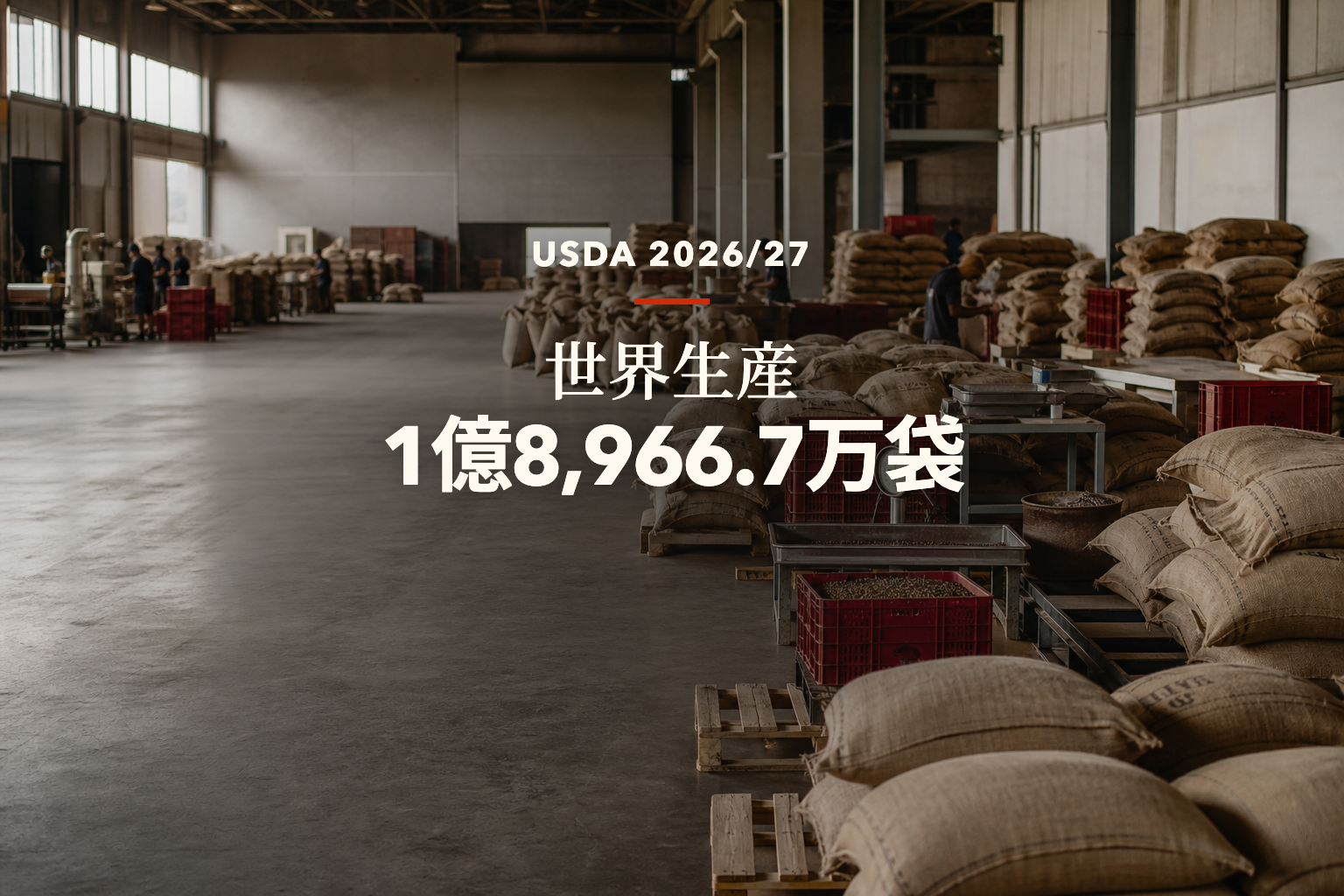 「USDA 2026/27」「世界生産」「1億8,966.7万袋」の文字を中央に配し、世界のコーヒー供給規模を示すテキスト主体の編集用ビジュアル。